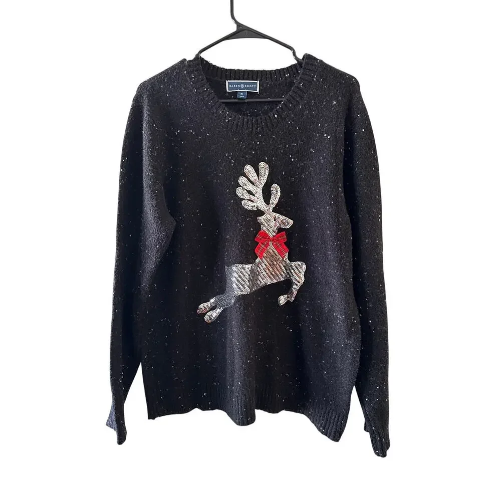 Karen Scott Black Reindeer Christmas Sweater Women Sz XL